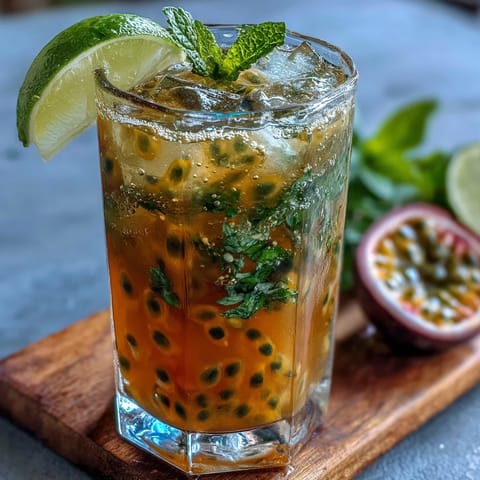 Vibrant passionfruit mojito cocktail garnished with mint and lime, served over ice.  