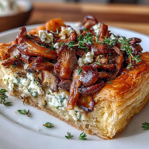 Wild mushroom tart with golden puff pastry, sautéed mushrooms, and tangy goat cheese—perfect for elegant appetizers or brunch.