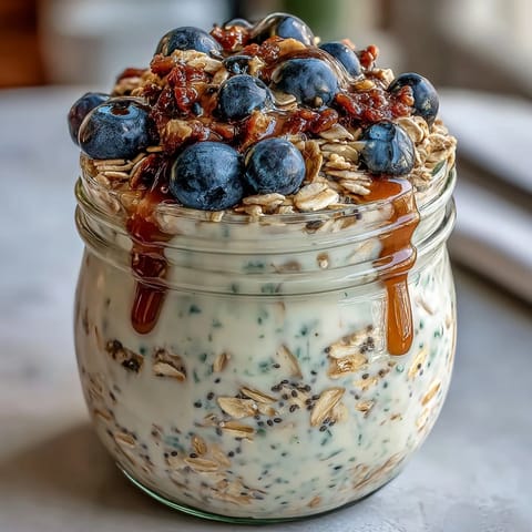 Layered chia overnight oats with fresh blueberries and almonds, a nutritious and convenient breakfast option.