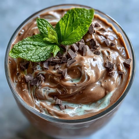 A vibrant green protein smoothie blending rich cocoa, cool mint, and sweet frozen banana for a satisfying post-workout treat.
