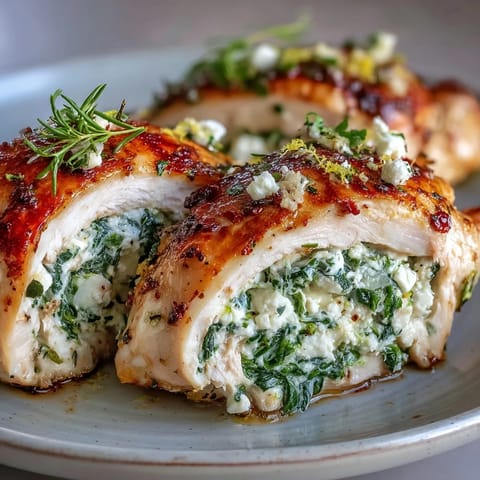 Spinach and feta stuffed chicken breasts with creamy filling, baked until golden and juicy for a Mediterranean-inspired main dish.  
