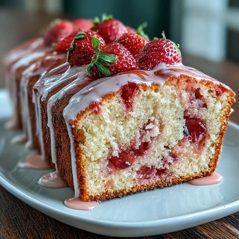 Moist strawberry swirl pound cake loaf with a glossy vanilla glaze, perfect for spring gatherings and teatime.  