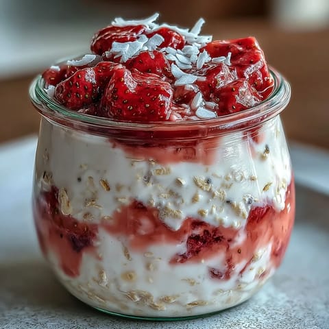 A vibrant breakfast jar of strawberry coconut cream overnight oats with fresh berries and shredded coconut topping.