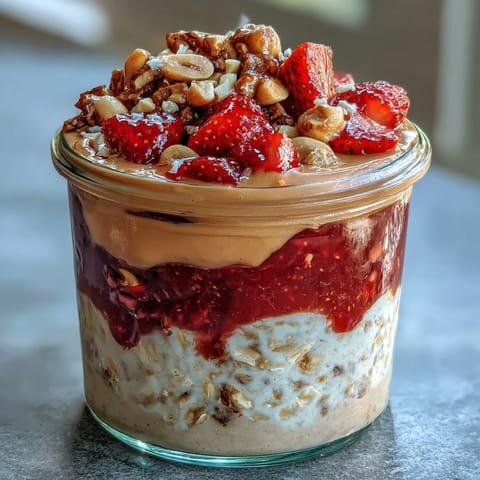Creamy overnight oats layered with strawberry jam and peanut butter, topped with crunchy peanuts for a classic PB&J twist.  