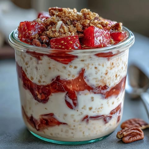 Creamy overnight oats layered with fresh strawberries and a hint of vanilla, topped with crunchy graham cracker crumbs for a cheesecake-inspired breakfast treat.
