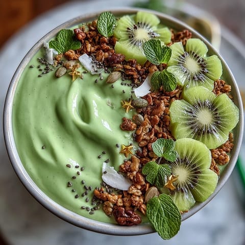 Creamy spinach and avocado protein smoothie bowl topped with fresh mint and festive edible gold stars for a lucky treat.