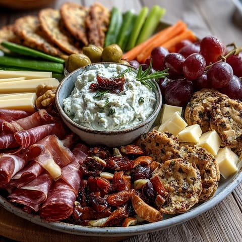 Vibrant charcuterie board with cured meats, cheeses, dips, and crackers, perfect for a housewarming party.