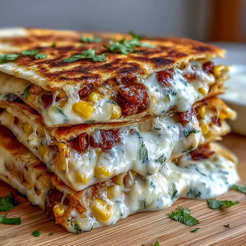 Roasted corn and jalapeño quesadillas topped with chipotle crema, Cotija cheese, and fresh cilantro.