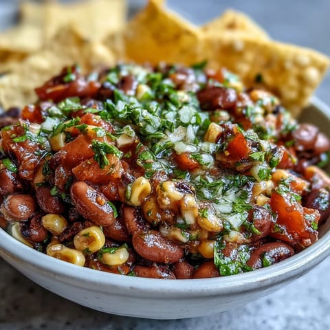 Three-Ingredient Cowboy Caviar Dip in a colorful bowl with tortilla chips on the side.  