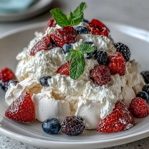 A light, crisp pavlova topped with swirls of vanilla whipped cream and fresh spring berries.  