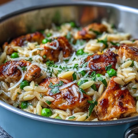 One-Pot Lemon Orzo with Chicken and Peas in a creamy skillet, topped with fresh parsley and Parmesan.