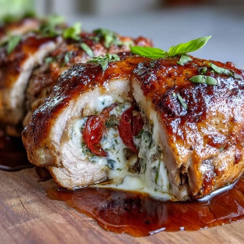 Baked caprese stuffed chicken breast topped with balsamic glaze, served with fresh basil and vibrant summer vegetables.  
