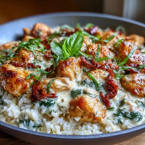 Golden seared chicken, fluffy rice, and vibrant spinach mingle in a creamy garlic-Parmesan sauce in this Tuscan skillet dinner, garnished with fresh basil.