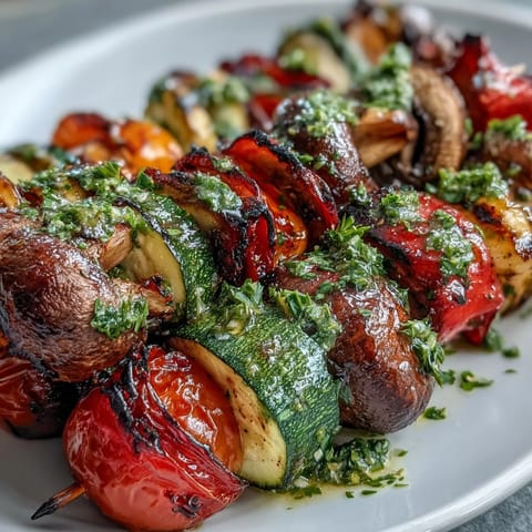 Zesty chimichurri sauce generously coats smoky grilled veggie kabobs on a platter.