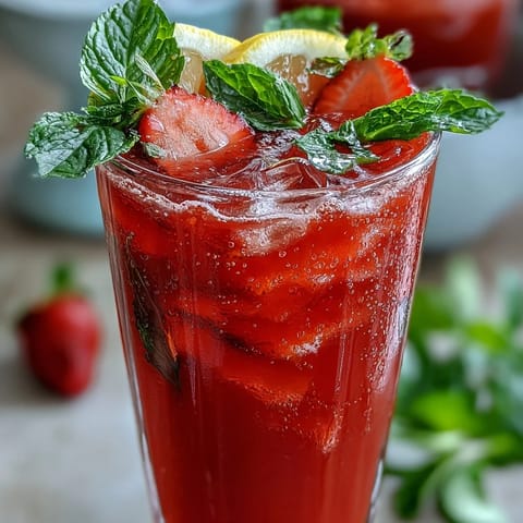 Vibrant Juneteenth Red Drink: Hibiscus Strawberry Lemonade with fresh garnishes.