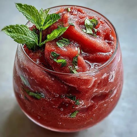 A vibrant Watermelon Mint Frosé slushy, perfect for a sunny summer afternoon.