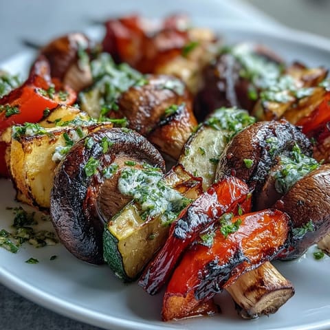 Colorful grilled veggie kabobs with vibrant chimichurri, perfect for a light summer meal.