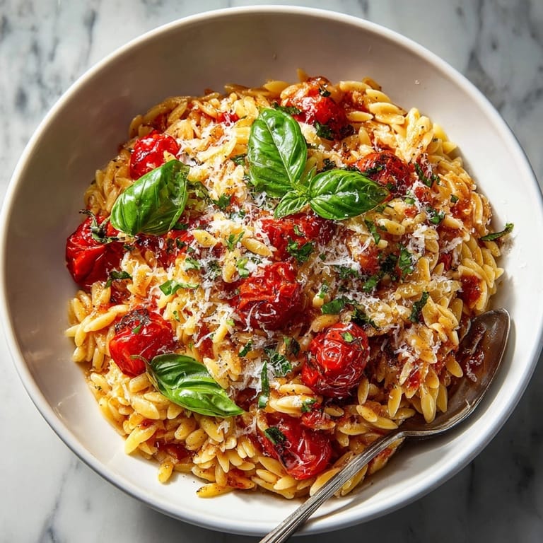 Close-up of savory One-Pot Tomato Basil Orzo served hot, garnished generously with fresh basil.