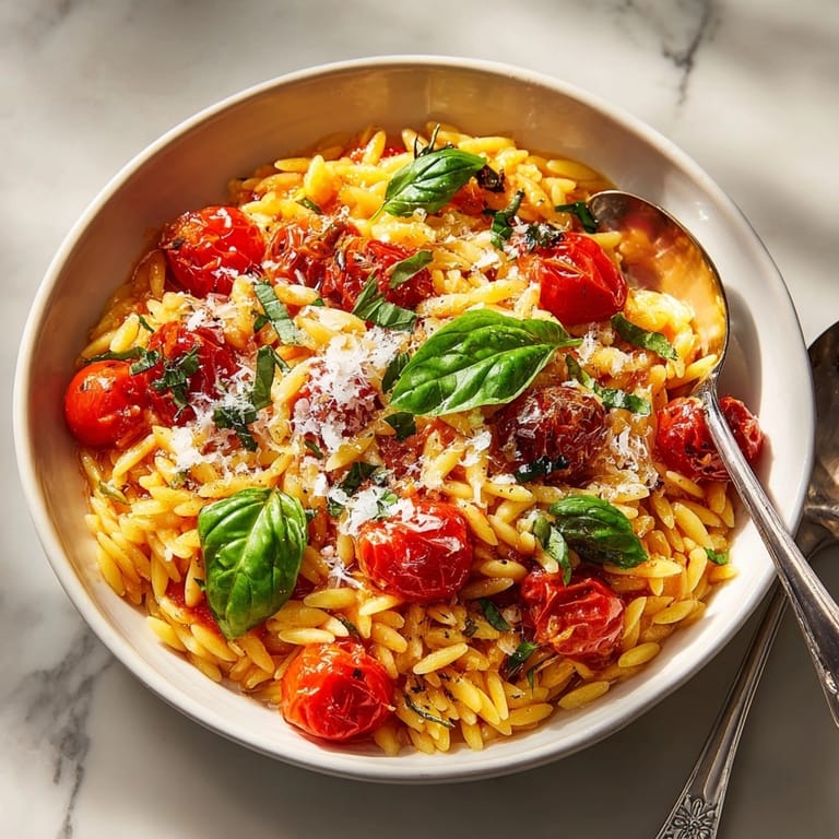 Easy weeknight One-Pot Tomato Basil Orzo recipe; a flavorful, cheesy family dinner ready quickly.