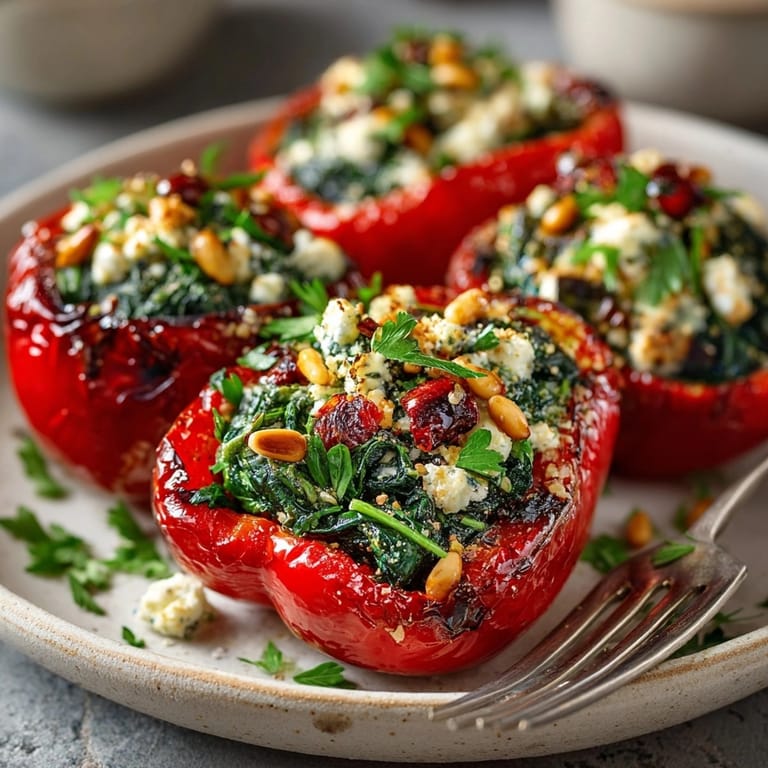Warm aroma rising from cheesy, colorful, homemade Mediterranean Spinach &amp; Feta Stuffed Peppers.