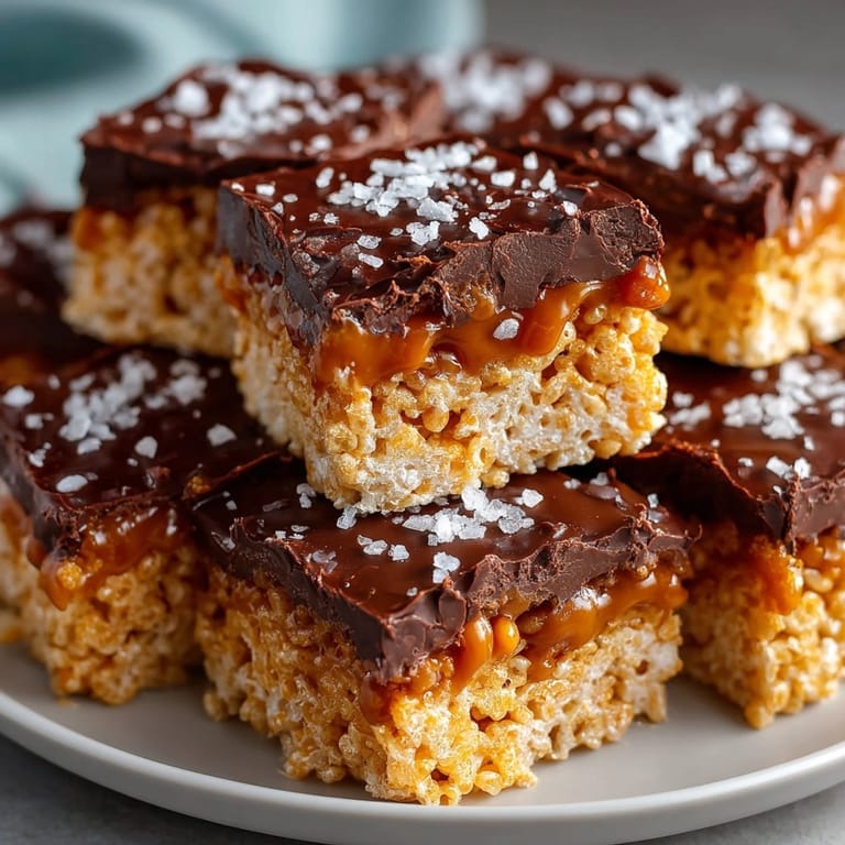 Buttery Salted Caramel Chocolate Rice Krispie Squares, a crunchy, sweet treat everyone loves.