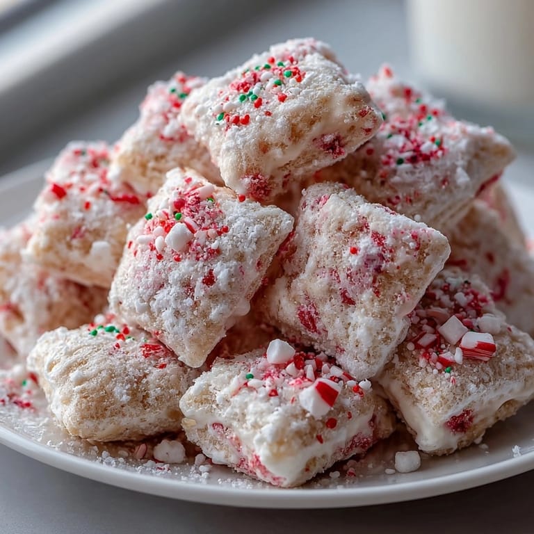 Homemade White Chocolate Peppermint Muddy Buddies snack mix with powdered sugar coating.
