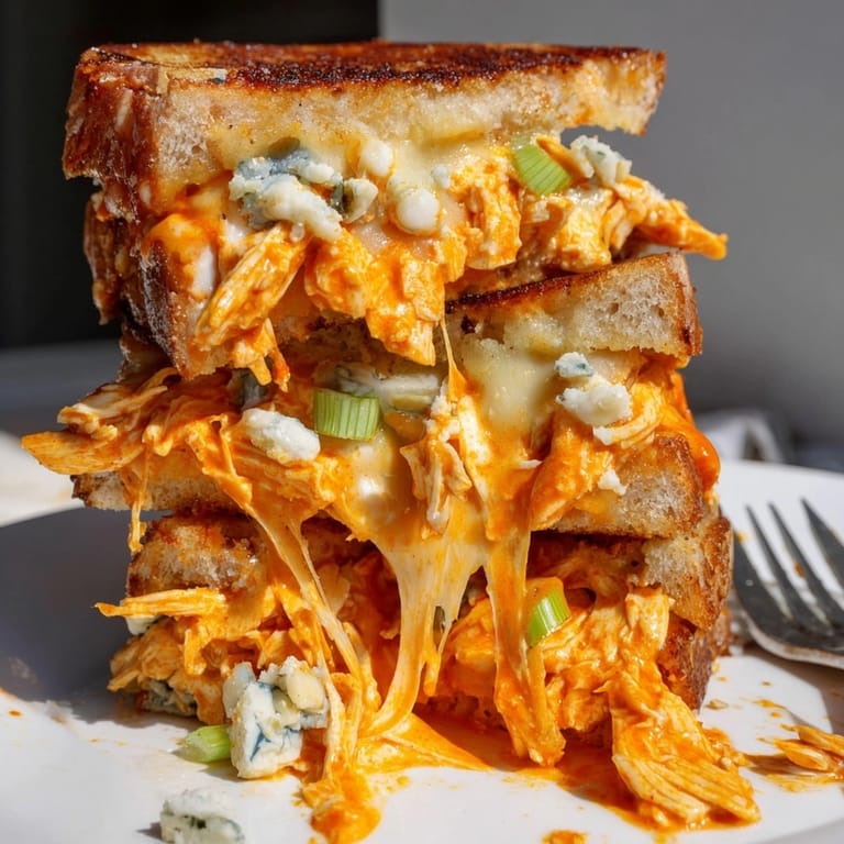 Homemade Buffalo Chicken Grilled Cheese, warm and delicious, served with creamy ranch dressing.