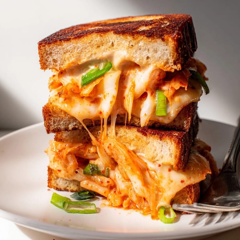 Golden-brown Kimchi Grilled Cheese Fusion oozing with melted cheese, served with creamy tomato soup.