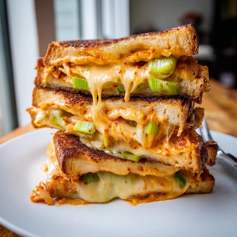 Mouthwatering Kimchi Grilled Cheese Fusion recipe featuring layers of cheddar and spicy, tangy kimchi.