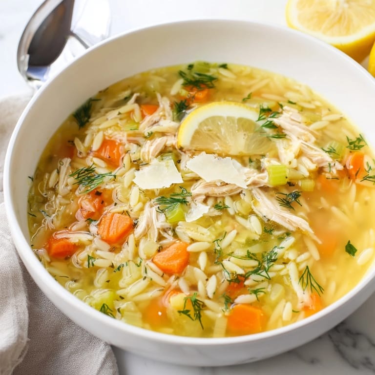 Fragrant Lemon Chicken Orzo Soup in a white bowl, accented with Parmesan and bright lemon.