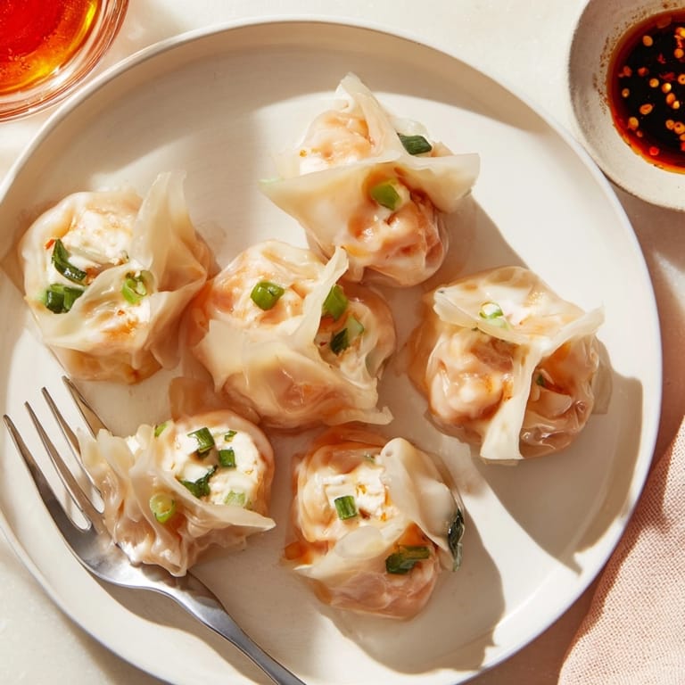 Golden, pan-fried cheesy shrimp scallion dumplings offer crispy contrast to the tender, flavorful inside.