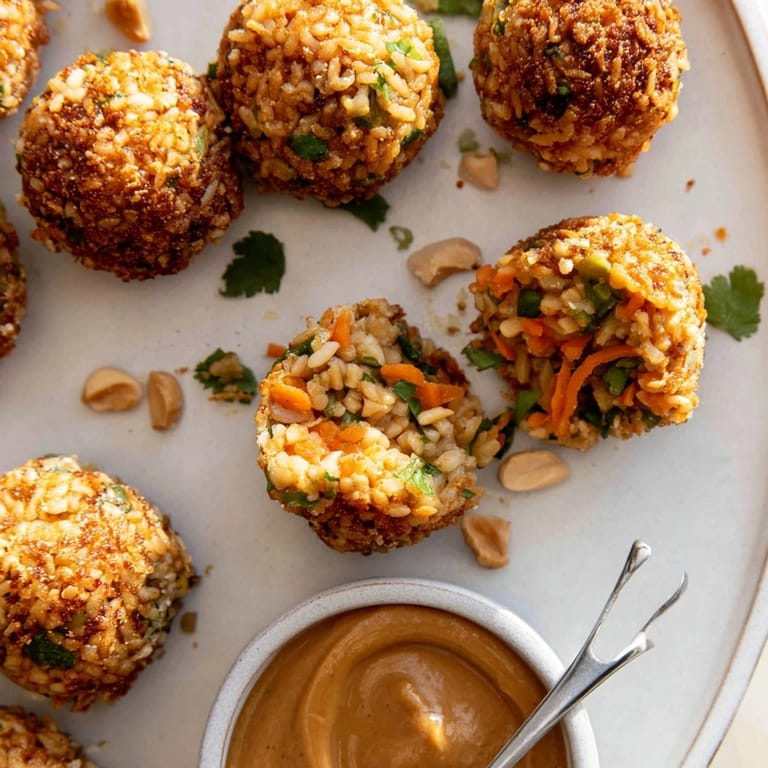 Homemade Thai Peanut Fried Rice Balls are displayed—a tasty, spicy appetizer.