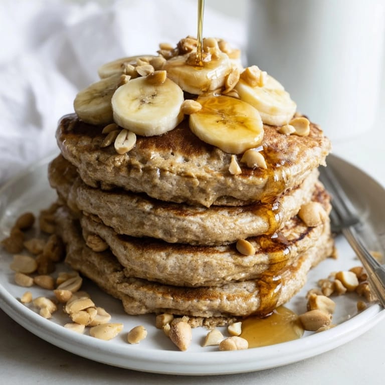Homemade Peanut Butter Maple Oat Pancakes, a delicious and hearty breakfast griddled to perfection.
