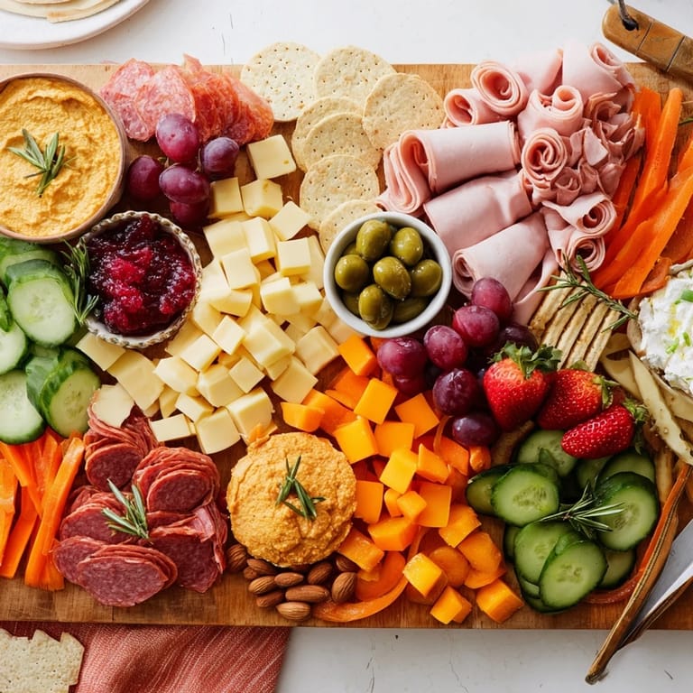 Elegant display of cured meats and festive dips on a charcuterie board, perfect for gatherings.  