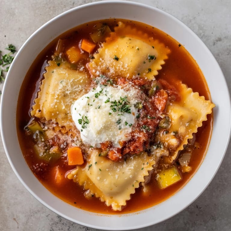 Hearty Lasagne Soup with Sun-Dried Tomato Tapenade, featuring vibrant tomatoes and herbs.  