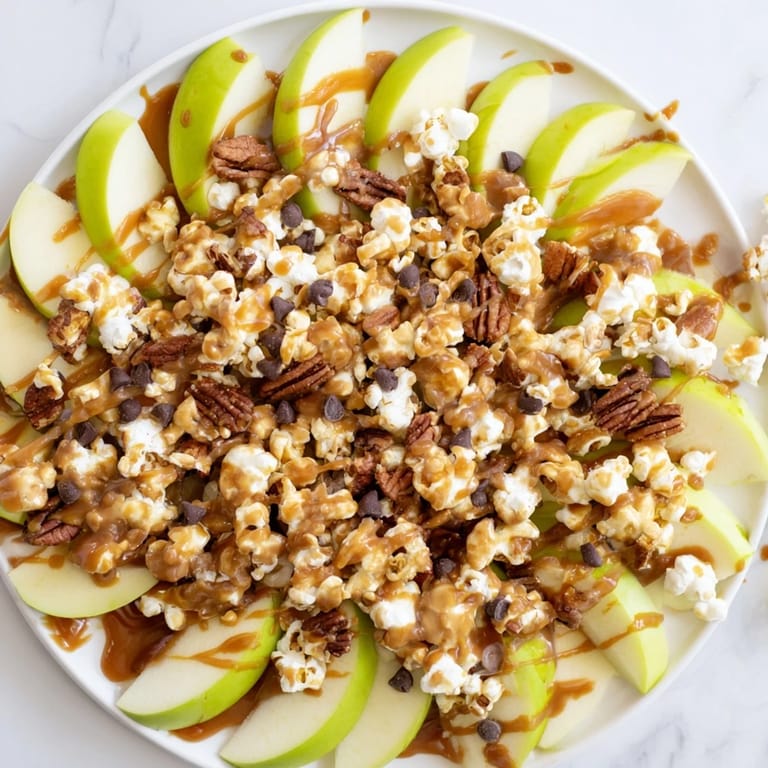 Crisp apple slices drizzled with warm caramel for irresistible Caramel Popcorn Apple Nachos.  