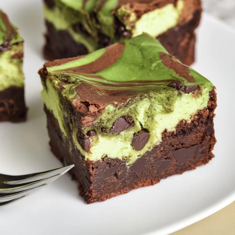 Fudgy brownies infused with matcha cream cheese, offering a heavenly dessert experience.