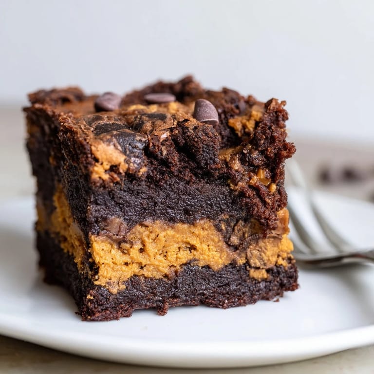 Savory pumpkin muffin meets fudgy brownie and chocolate cookie dough in this treat.  