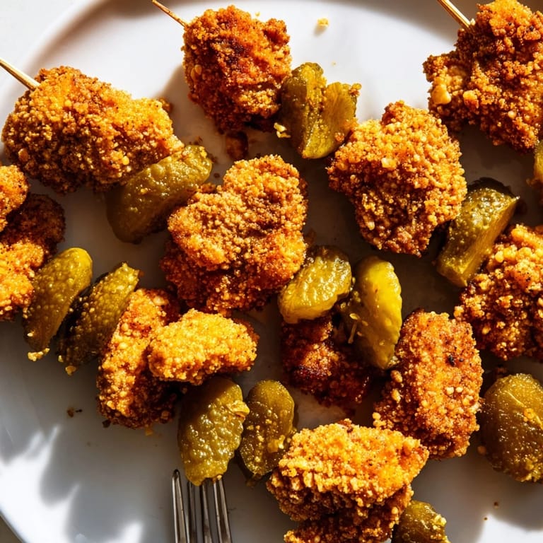 Tender Pickle Popcorn Chicken Skewers served with zesty dip, ideal for game day treats.