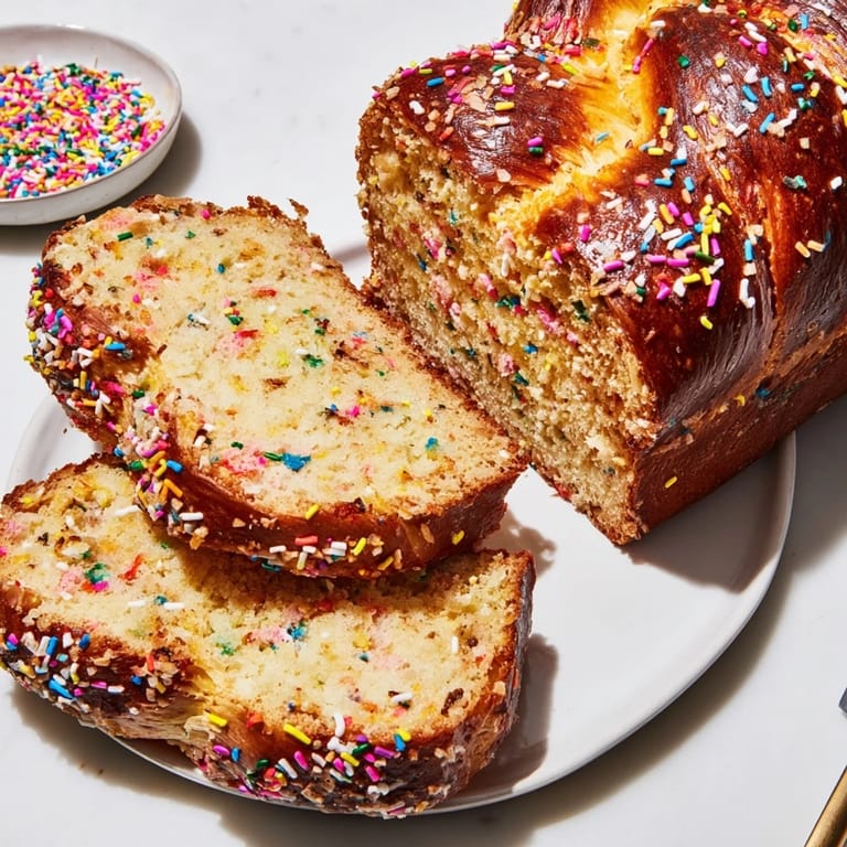 Sliced Birthday Cake Pretzel Loaf showing a colorful interior, ideal with whipped cream cheese.