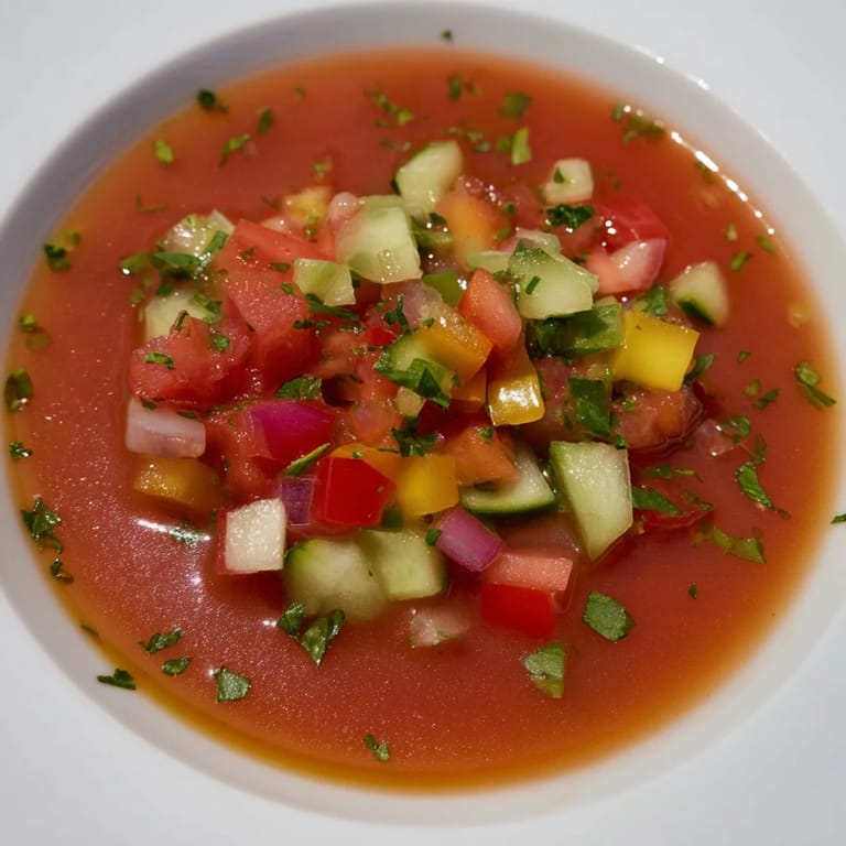 Chilled Tomato and Cucumber Gazpacho garnished with parsley, perfect for summer days.  