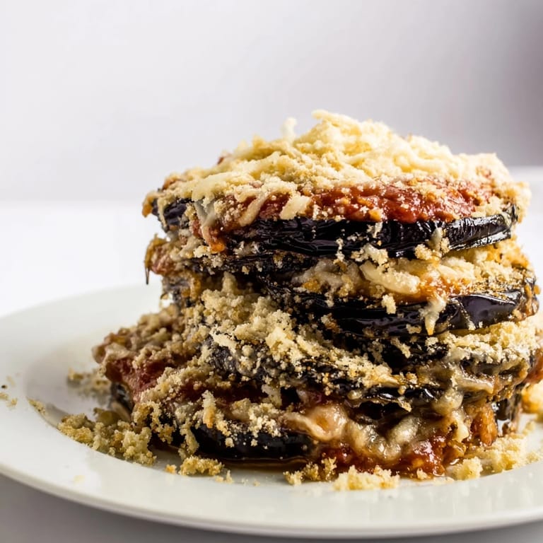Golden brown Baked Eggplant Parmesan topped with crispy breadcrumbs and fresh basil garnish.  