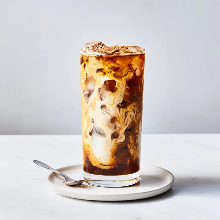 Creamy tahini iced coffee topped with plant-based milk for a refreshing treat.  