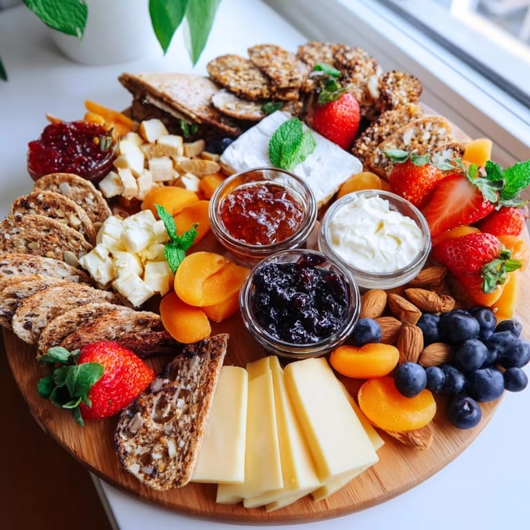 Sweet and savory jam-infused brunch board overflowing with fresh fruits and creamy cheeses.  