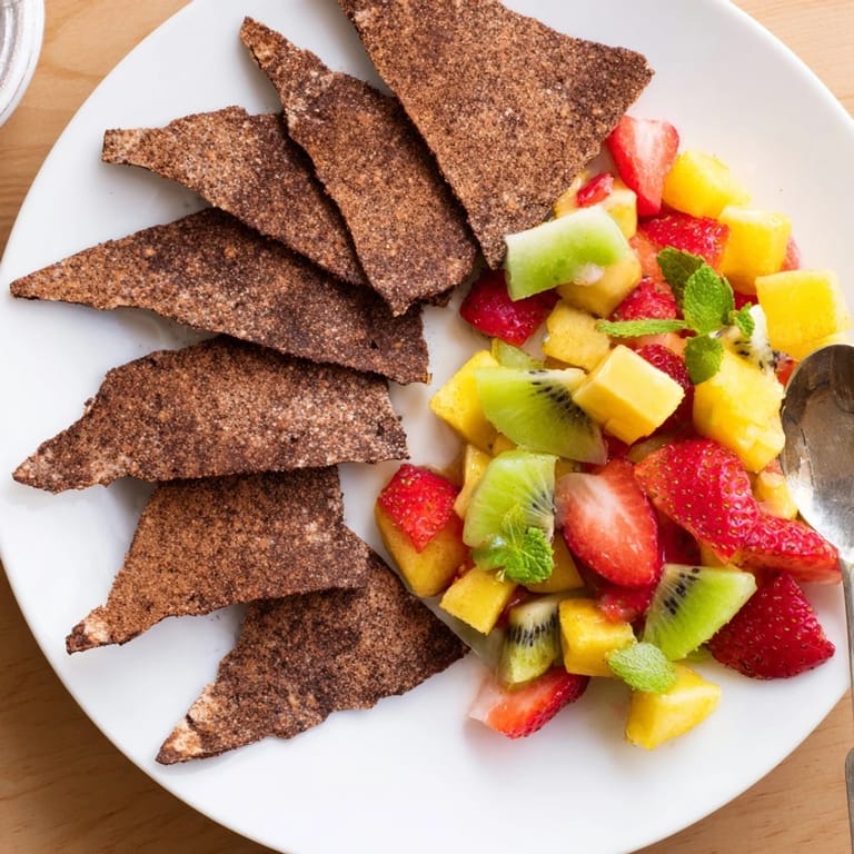 Homemade chocolate tortilla chips served with fresh and zesty fruit salsa.  