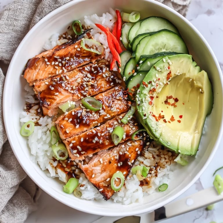 Delicious salmon and rice bowl, featuring vibrant toppings and a sprinkle of sesame seeds.  
