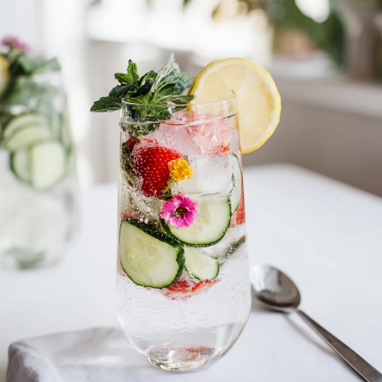 Chilled water-based mocktails featuring sliced citrus, strawberries, and cucumber for hydration.