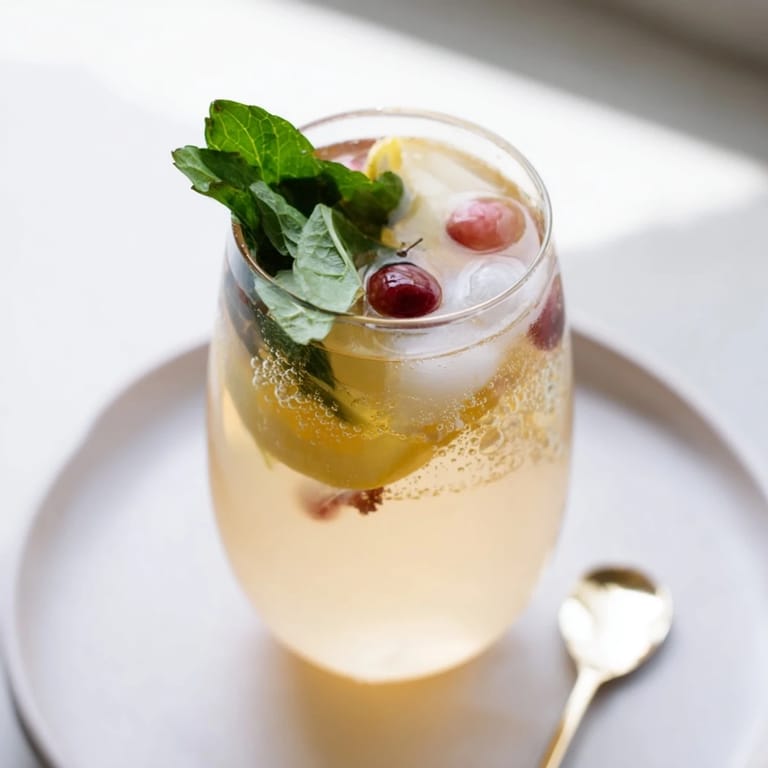 Homemade kombucha-style mocktails served over ice with herbs for a delightful finish.