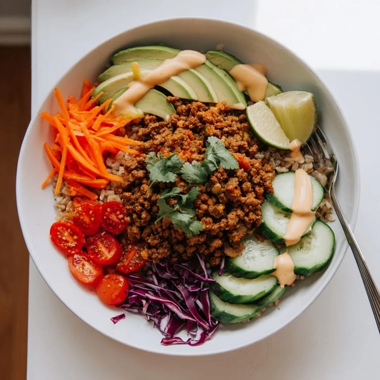 Savory plant-based meat bowl garnished with avocado, lime, and spicy mayo drizzle.  