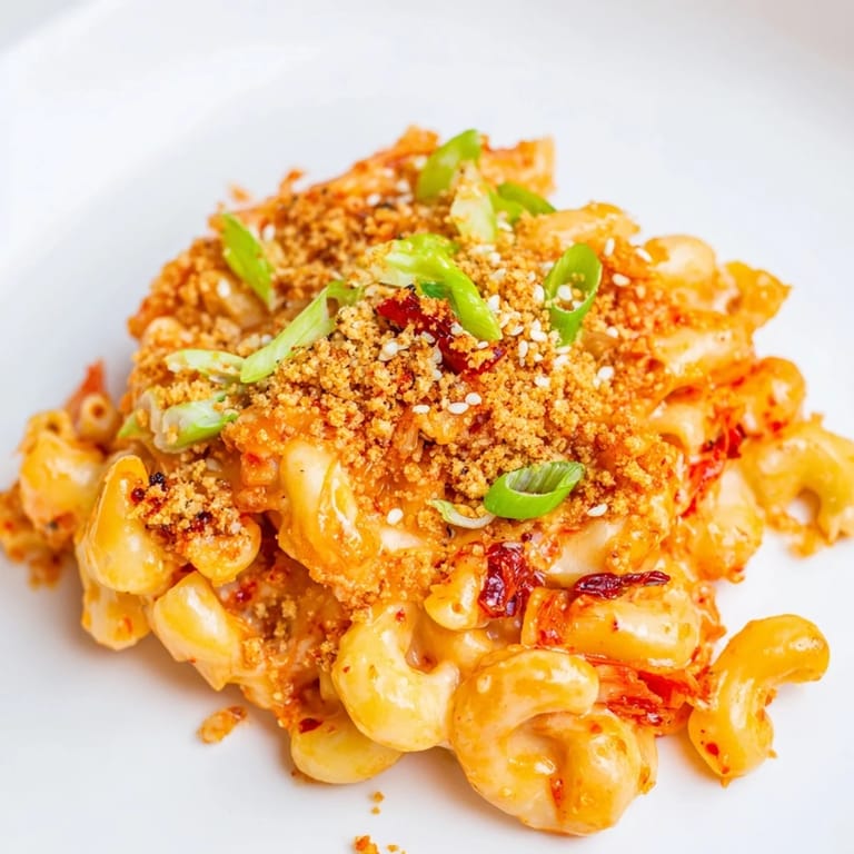 Vibrant Spicy Kimchi Mac & Cheese, a fusion dish bursting with flavors and textures.  